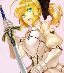 1girl :d ahoge armor armored_dress artoria_pendragon_(all) black_bow blonde_hair bow breastplate darumaya_(rikky_potty) detached_sleeves dress excalibur fate/unlimited_codes fate_(series) gauntlets green_eyes grey_background hair_bow holding holding_sword holding_weapon long_hair open_mouth petals ponytail saber_lily shiny shiny_hair short_sleeves simple_background sleeveless sleeveless_dress smile solo sword weapon white_dress 
