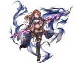  1girl armor armored_boots bangs beatrix_(granblue_fantasy) belt boots breasts brown_eyes brown_hair cleavage closed_mouth detached_sleeves full_body gloves glowing glowing_weapon granblue_fantasy hair_ornament hand_on_hip holding holding_sword holding_weapon long_hair looking_at_viewer medium_breasts midriff minaba_hideo navel official_art overskirt parted_bangs pauldrons ponytail reverse_grip shiny shiny_clothes shiny_hair shorts shoulder_armor smile solo sword thigh-highs weapon 