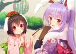  2girls animal_ears bamboo bamboo_forest black_gloves black_hair blush bush commentary_request floppy_ears flower forest fur-trimmed_kimono fur_trim gloves hair_flower hair_ornament heart inaba_tewi japanese_clothes kimono lavender_hair looking_at_viewer multiple_girls nature nnyara obi open_mouth paddle paint_on_face paintbrush ponytail rabbit_ears red_eyes reisen_udongein_inaba sash touhou tree twitter_username upper_body 