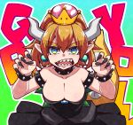  1girl background_text bangs bare_arms bare_shoulders black_collar black_dress black_nails blonde_hair blue_eyes borrowed_design bowsette bracelet breasts brooch claw_pose cleavage collar collarbone commentary_request constricted_pupils crown dress earrings eyebrows_visible_through_hair eyelashes eyes_visible_through_hair fingernails forked_eyebrows green_background green_earrings grey_horns hands_up high_ponytail highres horns jewelry large_breasts light_blush long_fingernails long_hair looking_at_viewer super_mario_bros. multicolored multicolored_eyes nail_polish new_super_mario_bros._u_deluxe nintendo open_mouth outline parted_bangs pointy_ears princess rom sapphire_(gemstone) sharp_fingernails sharp_teeth solo spiked_armlet spiked_bracelet spiked_collar spiked_shell spiked_tail spikes strapless strapless_dress super_crown tail tail_raised teeth thick_eyebrows tsurime turtle_shell upper_body very_long_fingernails white_outline 