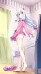  1girl ass bare_legs barefoot blue_eyes blue_hair blush bow cellphone closed_mouth contrapposto eromanga_sensei feet full_body hair_bow highres izumi_sagiri long_hair looking_back matsuuni pajamas panties panties_removed phone pink_bow pink_panties revision solo standing underwear 