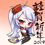  1girl 2019 alcohol azur_lane blue_kimono blush breasts brown_background brown_legwear chibi cleavage collarbone commentary_request cup fur_collar gradient gradient_background head_tilt headgear highres holding holding_cup japanese_clothes kimono large_breasts limitlimlim long_hair long_sleeves looking_at_viewer mole mole_on_breast multicolored multicolored_clothes multicolored_hair multicolored_kimono no_shoes open_mouth prinz_eugen_(azur_lane) red_eyes redhead sakazuki sake sideboob silver_hair sitting solo streaked_hair thigh-highs translated very_long_hair white_background white_kimono wide_sleeves yokozuwari 