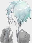  1other absurdres androgynous colored_eyelashes covering_mouth crystal_hair gem_uniform_(houseki_no_kuni) ghost_quartz_(houseki_no_kuni) grey_background grey_eyes grey_eyes grey_hair hair_over_one_eye hand_over_own_mouth highres houseki_no_kuni kokemaru_(12tama02) laughing looking_at_viewer necktie short_hair_with_long_locks silver_hair smile solo upper_body white_background white_skin 