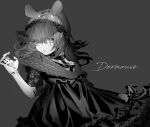  1girl animal_ears bangs copyright_request dress eyes_visible_through_hair green_eyes greyscale highres long_hair looking_at_viewer monochrome mouse_ears parted_lips sazanamiryo see-through see-through_sleeves solo spot_color upper_body 