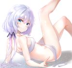  1girl bangs bare_arms bare_legs bare_shoulders black_ribbon blue_eyes blush breasts closed_mouth commentary eyebrows_visible_through_hair feet_out_of_frame hair_between_eyes hair_ribbon head_tilt highres knees_up konno_junko leg_up long_hair looking_at_viewer looking_back low_twintails reclining revision ribbon sarashi shadow shoulder_blades simple_background small_breasts smile solo sunhyun thighs twintails white_background white_hair zombie_land_saga 