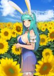  1girl absurdres animal_ears aqua_hair arms_under_breasts bangs bare_shoulders blue_dress blue_sky blurry blurry_background blurry_foreground blush breasts clouds commentary commission day depth_of_field detached_collar dress english_commentary eyebrows_visible_through_hair flower frilled_hairband frills from_side hairband highres holding holding_flower large_breasts leotard long_hair looking_at_viewer mole mole_on_breast original outdoors parted_lips rabbit_ears ribbon romana see-through sky smile solo standing strapless strapless_dress sunflower white_leotard yellow_eyes yellow_ribbon 