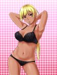  1girl armpits arms_behind_head arms_up bangs black_bra black_panties blonde_hair blue_earrings bra breasts closed_mouth collarbone commentary_request contrapposto cowboy_shot dark_skin eyebrows_visible_through_hair floral_print frown gluteal_fold gyaru hair_tie_in_mouth head_tilt highres kogal long_hair looking_at_viewer medium_breasts mouth_hold mutsuki_(mutsuki0110) navel original panties pink_background plaid plaid_background ponytail print_bra print_panties red_eyes skindentation solo standing thighs underwear underwear_only 