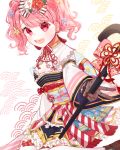  1girl :d bang_dream! bangs black_gloves blue_flower blush bow checkered chin_strap commentary_request dress floral_print flower flower_knot frilled_dress frilled_gloves frills gloves hair_bow hair_flower hair_ornament highres holding holding_staff long_sleeves looking_at_viewer maruyama_aya multicolored obi open_mouth outstretched_arm overskirt patzzi pink_bow pink_eyes pink_hair polka_dot_gloves print_bow red_flower ribbon sash smile solo staff striped striped_bow striped_ribbon tassel_earrings twintails v white_flower yellow_flower 