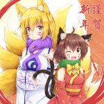  2girls ;d absurdres ahoge akiteru98 animal_ear_fluff animal_ears bare_shoulders blonde_hair bow bowtie breasts brown_eyes brown_hair calligraphy_brush cat_tail chen commentary_request cowboy_shot detached_sleeves eyebrows_visible_through_hair fang fox_ears fox_tail fur_collar hair_between_eyes highres holding holding_brush japanese_clothes kimono large_breasts long_sleeves looking_at_viewer medium_breasts multiple_girls multiple_tails nekomata no_hat no_headwear obi one_eye_closed open_mouth paintbrush red_kimono red_sash sash short_hair smile standing tail touhou translated two_tails whisker_markings white_kimono wide_sleeves yakumo_ran yellow_bow yellow_eyes yellow_neckwear 
