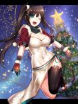  1girl :d bangs black_legwear blue_eyes blurry blurry_background blush borrowed_character breasts brown_hair christmas christmas_ornaments christmas_tree cleavage commentary_request covered_navel cropped_jacket depth_of_field dress fishnet_legwear fishnets fur_trim glint gloves green_scarf hair_ornament hair_scrunchie jacket konshin large_breasts letterboxed long_hair looking_at_viewer one_eye_closed open_clothes open_jacket open_mouth original outside_border red_footwear scarf scrunchie shoes side_cutout single_thighhigh smile solo thigh-highs twintails white_dress 