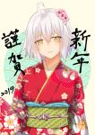  1girl absurdres ahoge bangs breasts eyebrows_visible_through_hair fate/apocrypha fate/grand_order fate_(series) floral_print flower green_background hair_between_eyes hair_flower hair_ornament highres japanese_clothes jeanne_d&#039;arc_(alter)_(fate) jeanne_d&#039;arc_(fate)_(all) kimono large_breasts m_kong nengajou new_year obi sash scale_print short_hair silver_hair standing tsurime wide_sleeves yellow_background yellow_eyes 