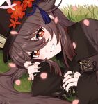  1girl bangs black_headwear black_nails blush brown_hair chinese_clothes commentary_request eyebrows_visible_through_hair eyelashes flower flower-shaped_pupils genshin_impact grass grin hair_between_eyes hat hat_ornament highres hu_tao_(genshin_impact) long_hair long_sleeves looking_at_viewer lying on_side plum_blossoms porkpie_hat red_eyes shiny shiny_hair sidelocks smile solo sushi_171 symbol-shaped_pupils teeth thumb_ring two_side_up 