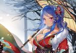 1girl ahoge azur_lane bare_shoulders blue_hair blush bow breasts cleavage closed_mouth collarbone fur_trim hair_bow hair_ornament highres japanese_clothes kimono large_breasts looking_at_viewer oriental_umbrella outdoors pdxen pink_eyes red_bow red_kimono short_hair smile snow solo st._louis_(azur_lane) transparent_bow tree umbrella winter 