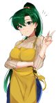  1girl alternate_costume apron asymmetrical_bangs bangs breasts contemporary cowboy_shot denim fire_emblem fire_emblem:_rekka_no_ken green_eyes green_hair highres jeans long_hair long_sleeves looking_at_viewer lyndis_(fire_emblem) medium_breasts nintendo ormille pants ponytail ribbed_sweater simple_background smile solo sweater v white_background 