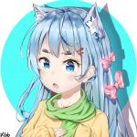  1girl :o animal_ear_fluff animal_ears arm_up artist_name bangs blue_eyes blue_hair blush bow cat_ears chestnut_mouth chinese_commentary commentary_request fang green_scarf hair_ornament hairclip hand_on_own_chest hbb long_hair looking_at_viewer open_mouth original pink_hair scarf shiny shiny_hair shirt solo striped striped_bow thick_eyebrows tongue very_long_hair white_stripes yellow_shirt 