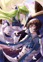  1boy 1girl ascot bangs black_gloves black_hair blue_neckwear blue_pants breasts brown_hair bug butterfly c.c. cleavage code_geass dress elbow_gloves eyebrows_visible_through_hair floating_hair frilled_gloves frills geass gloves green_hair hair_ornament hair_ribbon highres insect leaning_forward legs_crossed lelouch_lamperouge long_hair medium_breasts pants parted_lips pink_ribbon ribbon shiny shiny_hair sitting sleeveless sleeveless_dress sumomo7317 very_long_hair violet_eyes white_dress white_gloves yellow_eyes 