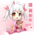  &gt;_&lt; 1girl 2019 :d ahoge animal animal_ears animal_hug bangs blush brown_eyes cat_ears cat_girl cat_hair_ornament cat_tail chibi chinese_zodiac commentary_request eyebrows_visible_through_hair fang floral_print full_body hair_between_eyes hair_ornament hair_ribbon hairclip happy_new_year heart_ahoge japanese_clothes kimono long_sleeves looking_at_viewer new_year open_mouth original pig pink_kimono pink_ribbon print_kimono ribbon seiza sidelocks silver_hair sitting smile solo tail translated twintails wide_sleeves xiaosamiao year_of_the_pig 