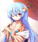  1girl :o alternate_costume breasts floral_print flower food_themed_hair_ornament fur_collar hair_between_eyes hair_flower hair_ornament highres hinanawi_tenshi holding holding_umbrella japanese_clothes kimono leaf leaf_hair_ornament light_blue_hair long_hair looking_at_viewer no_hat no_headwear one_eye_closed oriental_umbrella peach_blossom peach_hair_ornament pink_kimono print_kimono pudding_(skymint_028) red_eyes simple_background small_breasts solo touhou umbrella upper_body very_long_hair white_background 