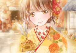  1girl architecture arrow bangs bell blurry boar bokeh box brown_eyes chrysanthemum commentary_request daisy day depth_of_field donation_box east_asian_architecture ema floral_print flower hair_flower hair_ornament hair_up hamaya head_tilt highres holding hoshiibara_mato japanese_clothes jingle_bell kimono light_blush light_brown_hair light_particles new_year original outdoors ribbon short_hair shrine smile solo stairs upper_body yellow_kimono 