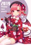  1girl 2019 :q bandaid_hair_ornament bat_wings black_gloves black_hat blush bow braid demon_tail eyebrows_visible_through_hair food fruit garter_straps gloves hair_bow hair_ornament happy_new_year hat heart heart-shaped_pupils highres holding holding_spoon japanese_clothes kimono looking_at_viewer marota mary_(marota) new_year obi original pink_eyes pink_hair pointy_ears red_bow red_kimono sash short_hair sitting sleeves_past_wrists solo spoon strawberry symbol-shaped_pupils tail thigh-highs tongue tongue_out twin_braids twitter_username white_legwear wings 