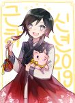  1girl bag black_hair braid chinese_zodiac choker ecru fur_collar grey_eyes hair_ribbon hanbok happy happy_new_year korean korean_clothes multicolored_hair new_year pig redhead ribbon ribbon_choker ruby_rose rwby translation_request two-tone_hair year_of_the_pig 