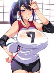  1girl bare_shoulders blue_eyes breasts hand_on_hip large_breasts long_hair looking_at_viewer glasses_man mole mole_under_eye parted_lips ponytail purple_hair see-through shin_guards solo sportswear sweat volleyball volleyball_net volleyball_uniform 