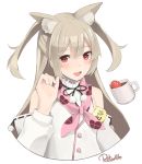  1girl :d alternate_costume animal_ear_fluff animal_ears artist_name badge bangs bare_shoulders brown_hair buttons cat_ears coffee_mug commentary_request cropped_torso cup detached_sleeves extra_ears eyebrows_visible_through_hair hair_between_eyes hand_up heart heart_print highres kemonomimi_mode long_hair long_sleeves looking_at_viewer mug natori_sana neckerchief open_mouth pink_neckwear pom_pom_(clothes) puffy_sleeves red_eyes retorillo ribbon-trimmed_sleeves ribbon_trim sana_channel sidelocks simple_background smile solo two_side_up virtual_youtuber white_background 