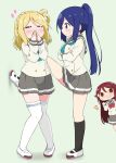  3girls :3 alternate_eye_color black_legwear blonde_hair blue_hair blush chibi closed_eyes crossed_arms fist_pump green_background grey_skirt hair_rings heart long_hair love_live! love_live!_sunshine!! matsuura_kanan miyako_hito multiple_girls ohara_mari ponytail red_eyes redhead sakurauchi_riko school_uniform simple_background skirt smile socks standing sweat thigh-highs uranohoshi_school_uniform violet_eyes wall_slam white_legwear yuri yurijoshi 