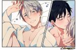  2boys artist_name black_hair blue_eyes blush close-up closed_eyes comic commentary_request eyebrows_visible_through_hair face fingernails forehead_kiss gearous grey_hair happy katsuki_yuuri kiss looking_at_viewer male_focus mixed-language_commentary multiple_boys panels profile short_hair silent_comic smile sparkle teeth upper_body viktor_nikiforov yaoi yuri!!!_on_ice 