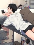  2boys animal artist_name black_hair blurry blurry_background boxers brown_eyes cellphone closed_eyes coffee_mug comic commentary cowboy_shot cup dog english_commentary expressionless from_behind gearous grey_hair highres katsuki_yuuri kiss looking_at_another looking_up lying makkachin male_focus mug multiple_boys no_eyes phone pillow profile shirt short_hair silent_comic smartphone thighs underwear upper_body viktor_nikiforov white_shirt yaoi yuri!!!_on_ice 