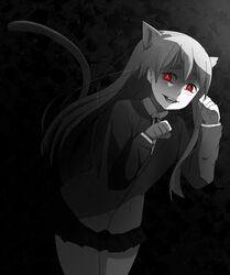  1girl animal_ears black_background cat_ears commentary english_commentary evil_smile eyebrows gesugao glowing glowing_eyes grey_background highres k-on! kotobuki_tsumugi long_hair looking_at_viewer monochrome pantsu_shot patterned_background paw_pose pleated_skirt red red_eyes sakuragaoka_high_school_uniform school_uniform simple_background skirt smile solo spot_color tail upper_body 