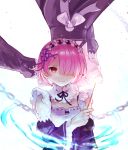  2girls black_ribbon black_sleeves choker detached_sleeves flower hair_flower hair_ornament hair_over_one_eye hair_ribbon head_wreath highres holding holding_wand long_sleeves looking_at_viewer maid multiple_girls neck_ribbon nomuraumu pink_hair purple_ribbon ram_(re:zero) re:zero_kara_hajimeru_isekai_seikatsu red_eyes rem_(re:zero) ribbon ribbon-trimmed_sleeves ribbon_trim shiny shiny_hair short_hair siblings sisters smile wand white_background white_flower 