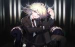 1boy ahoge alternate_costume arm_up armchair black_footwear black_gloves black_jacket black_legwear chair character_name commentary_request dangan_ronpa eyebrows_visible_through_hair fingernails formal gloves green_eyes half-closed_eyes hand_on_own_knee jacket kaname_akihito komaeda_nagito long_hair looking_at_viewer male_focus multicolored_neckwear nail_polish necktie open_eyes open_mouth red_nails shirt sitting solo striped striped_shirt suit super_dangan_ronpa_2 white_hair white_shirt 