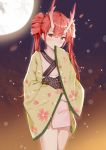  1girl absurdres antlers bangs bantian_yindang blush commentary_request covered_mouth eyebrows_visible_through_hair floral_print full_moon hair_between_eyes hand_up haori head_tilt highres japanese_clothes kimono long_hair long_sleeves moon night night_sky original outdoors pink_kimono red_eyes redhead short_kimono sky sleeves_past_fingers sleeves_past_wrists solo standing twintails very_long_hair 