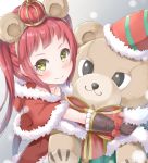  1girl animal_ears bangs bear_ears blush bow brown_gloves brown_hairband capelet christmas closed_mouth commentary_request crown dress fake_animal_ears fur-trimmed_capelet fur-trimmed_dress fur_trim gloves green_eyes hairband houjou_ayane keiran_(ryo170) looking_at_viewer mini_crown object_hug princess_connect! princess_connect!_re:dive red_bow red_capelet red_dress redhead revision santa_costume sidelocks smile solo stuffed_animal stuffed_toy teddy_bear twintails 