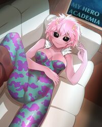  1girl ashido_mina black_sclera bodysuit boku_no_hero_academia copyright_name couch georugu13 highres horns lying on_back pink_hair pink_skin short_hair sky smile solo star_(sky) starry_sky window yellow_eyes 