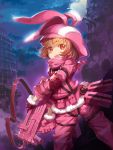  1girl absurdres animal_ears animal_hat blush brown_hair bullpup dated eyebrows_visible_through_hair fang gloves gun hat highres holding huge_filesize jacket llenn_(sao) looking_at_viewer open_mouth outdoors p-chan_(p-90) p90 pants pink_gloves pink_hat pink_jacket rabbit_ears red_eyes short_hair sky solo standing submachine_gun sword_art_online sword_art_online_alternative:_gun_gale_online van(yoroshigu) weapon 