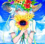  1boy alternate_costume blue_sky character_name clouds cloudy_sky commentary_request covered_mouth dangan_ronpa day eyebrows_visible_through_hair flower green_eyes hat hat_flower holding holding_flower kaname_akihito komaeda_nagito long_hair looking_at_viewer male_focus open_eyes orange_flower outdoors purple_flower red_flower shirt short_sleeves sky solo straw_hat summer sun_hat sunflower sunlight super_dangan_ronpa_2 white_flower white_hair white_shirt yellow_flower 