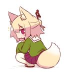  1girl animal_ear_fluff animal_ears bangs bell bell_collar blush brown_collar collar eyebrows_visible_through_hair fox_ears fox_girl fox_tail full_body green_shirt hair_between_eyes hair_bun hair_ornament jingle_bell kemomimi-chan_(naga_u) long_sleeves looking_at_viewer looking_back naga_u notice_lines original parted_lips pleated_skirt purple_skirt red_eyes red_footwear ribbon-trimmed_legwear ribbon_trim sailor_collar shadow shirt skirt sleeves_past_fingers sleeves_past_wrists solo squatting tail tail_raised thigh-highs white_background white_legwear white_sailor_collar 