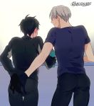  2boys ^_^ artist_name ass ass_grab black_gloves blue_shirt blush bottle closed_eyes closed_eyes embarrassed from_behind gearous gloves grey_hair hand_on_another&#039;s_ass hand_on_own_ass happy katsuki_yuuri long_sleeves male_focus multiple_boys profile shirt short_hair smile standing upper_body viktor_nikiforov water water_bottle yaoi yuri!!!_on_ice 