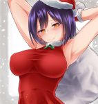  1girl armpits arms_behind_head arms_up bangs blue_hair blush breasts commentary earrings fur_trim gloves hat holding holding_sack jewelry large_breasts looking_at_viewer nijisanji red_gloves rikosyegou sack santa_costume santa_hat shizuka_rin short_hair sleeveless smile solo star star_earrings upper_body virtual_youtuber yellow_eyes 