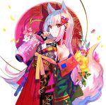  1girl 2019 animal_ears armpit_crease bangs bare_shoulders breasts closed_mouth collar commentary_request eyebrows_visible_through_hair floating_hair fox_ears fox_tail fuji_choko hair_ornament hakama holding japanese_clothes kimono lantern long_hair long_sleeves looking_at_viewer multicolored_hair nail_polish new_year off_shoulder original paper_lantern purple_nails red_collar red_eyes red_hakama redhead shadow sidelocks sleeveless small_breasts smile solo standing streaked_hair tail tassel very_long_hair white_hair wing_collar 