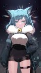 +_+ 1girl bangs bell blood blood_on_face blue_eyes blue_hair fox_girl fur_collar hand_on_hip highres hoshi_usagi jacket long_hair looking_at_viewer open_clothes open_jacket original shorts sleeves_past_wrists smile solo standing star starry_background thigh_strap 