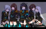  5girls :d ahoge anastasia_(idolmaster) armband arms_behind_back black_footwear black_gloves black_hair black_jacket black_legwear black_ribbon black_shorts black_skirt blue_eyes blue_neckwear boots brown_hair character_request choker collarbone cowboy_shot fang_out garter_straps gloves green_eyes hair_down hair_ornament hair_ribbon hairclip hand_on_hip hoshi_shouko idolmaster idolmaster_cinderella_girls idolmaster_cinderella_girls_starlight_stage interlocked_fingers jacket kamiya_nao leaning_forward long_hair long_sleeves looking_at_viewer maekawa_miku miniskirt multiple_girls nakano_yuka necktie nex-us_(idolmaster) open_mouth outdoors pencil_skirt red_eyes ribbon short_shorts shorts side_slit silver silver_hair skirt smile standing thigh-highs thigh_boots twintails very_long_hair yellow_eyes yodare_(3yami8) 