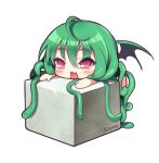  1girl :o ahoge artist_name bangs blush chibi cthulhu cthulhu_mythos eyebrows_visible_through_hair fang green_hair hair_between_eyes leaning_on_object long_hair nude open_mouth red_eyes solo stone tentacle_hair transparent_background very_long_hair wings yadamon_(neverland) 