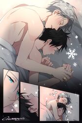  2boys artist_name bed bed_sheet black_hair blue_eyes comic commentary fingernails gearous glowing glowing_jewelry grey_hair heart highres hug hug_from_behind indoors interlocked_fingers jewelry katsuki_yuuri lying male_focus multiple_boys ring shirtless silent_comic sleeping snowflakes sparkle symbol_commentary translation_request viktor_nikiforov yaoi yuri!!!_on_ice 