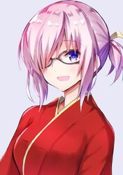  1girl :d alternate_hairstyle bangs black-framed_eyewear blush breasts commentary_request eyebrows_visible_through_hair fate/grand_order fate_(series) glasses grey_background hair_over_one_eye highres japanese_clothes kimono looking_at_viewer mash_kyrielight medium_breasts nanakusa_amane one_side_up open_mouth purple_hair red_kimono sidelocks simple_background smile solo upper_body violet_eyes 