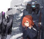  1girl against_wall alternate_costume bangs blue_jacket blue_neckwear breast_pocket bullet_hole buttons commentary_request dinergate drone eyebrows_visible_through_hair fairy_(girls_frontline) girls_frontline gloves green_eyes gun hair_between_eyes hiding highres holding holding_gun holding_weapon hologram jacket long_hair m1903_springfield m1903_springfield_(girls_frontline) military military_uniform mush open_mouth orange_hair pocket sangvis_ferri shirt sidelocks snow snowing swept_bangs tied_hair uniform weapon white_gloves white_shirt 