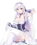  1girl absurdres arm_guards asymmetrical_bangs azur_lane bangs belfast_(azur_lane) blue_eyes braid breasts center_frills chains cleavage collar collarbone corset cpqm dress eyebrows_visible_through_hair french_braid frilled_dress frilled_gloves frilled_skirt frills gloves hand_behind_head hand_on_own_head highres hips invisible_chair large_breasts legs_crossed long_hair looking_at_viewer maid maid_headdress open_mouth petticoat see-through simple_background sitting skirt smile solo thigh-highs thighs very_long_hair white_background white_dress white_gloves white_hair white_legwear 