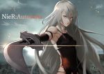  1girl 55level android armlet black_gloves blue_eyes breasts closed_mouth clouds cloudy_sky elbow_gloves gloves hair_between_eyes holding holding_sword holding_weapon katana long_hair looking_at_viewer mole mole_under_mouth nier_(series) nier_automata outdoors outstretched_arm pink_lips pointing_sword robot_joints silver_hair sky solo standing sword tank_top upper_body weapon yorha_type_a_no._2 